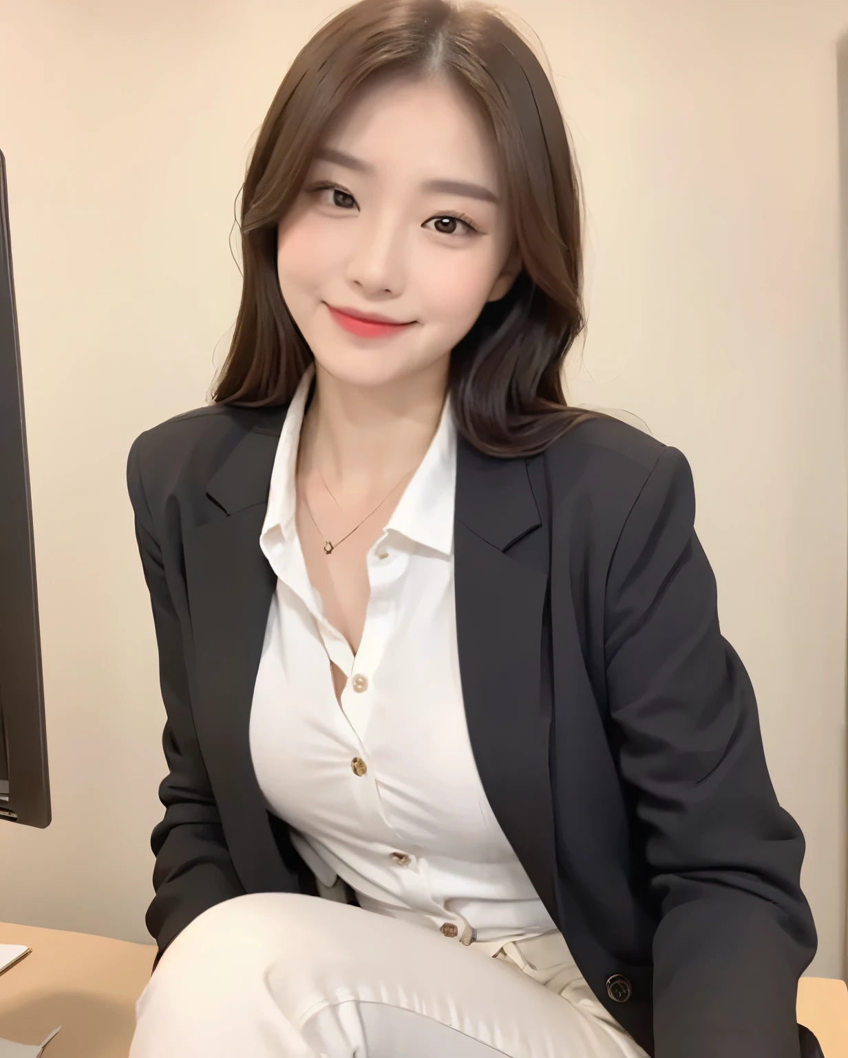 Tabletop, Highest quality, figure, Very detailed, In detail, High resolution, Beautiful girl、Laughter、Casual business suit、Large Breasts、The chest was wide open、Office Background