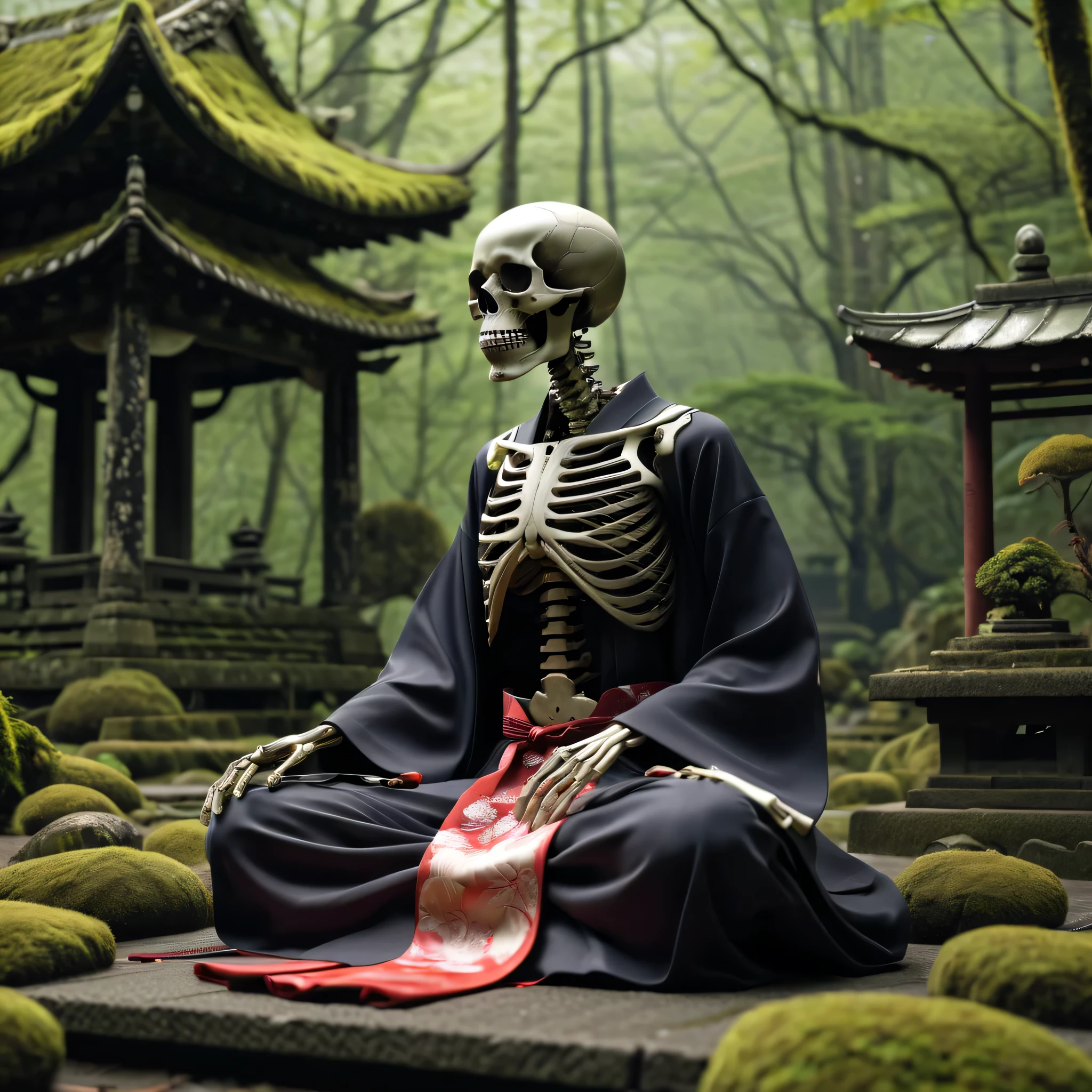 (Best Quality,4K,8K,hight resolution,masutepiece:1.2),Ultra-detailed,realistic black metallic skeleton,Temple garden,Meditate while wearing a kimono,dead body,passion:1.2,forest,mosses