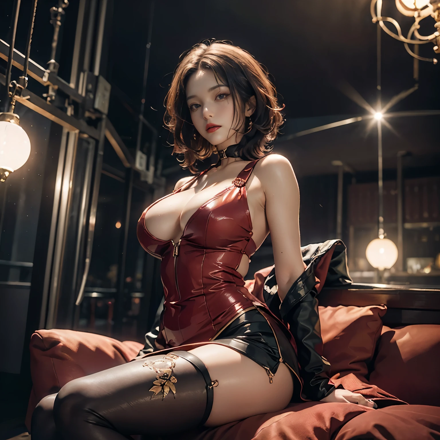 ((Raw photography,top-quality,hight resolution,Ray tracing,nffsw,Best Quality,Post-processing,portlate.3D,PureErosFace_V1:0.7,),(( Shiny dark red leather bondage outfit,golden luxury embroidery,Dark red BDSM,mistress,Bold figure,tight skirts,)))((((short hair hair,Emphasize cleavage,huge tit:4.0,Thin leg,Otto's eye,Elaborate depiction of limbs,a small nose,Have a perfect body,sleeveless,Full-body figure,high-heels,)))),((tthin eyebrows,long eyelashes,smil,二重まぶた,Vibrant eyes,looking down on viewers,red lipsticks,)),Create beautiful light effects on the background,Light Particle Filter,(finerly detailed face:1.3),hotel,Sit on the sofa and cross your legs,