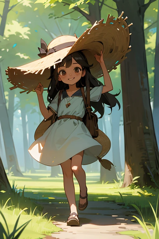 1 girl, solo, dark hair, long hair, 8 years old, child, summer clothes, straw hat, wearing hat, pretty girl, happy, smiling, (background in forest), scenery, full body
