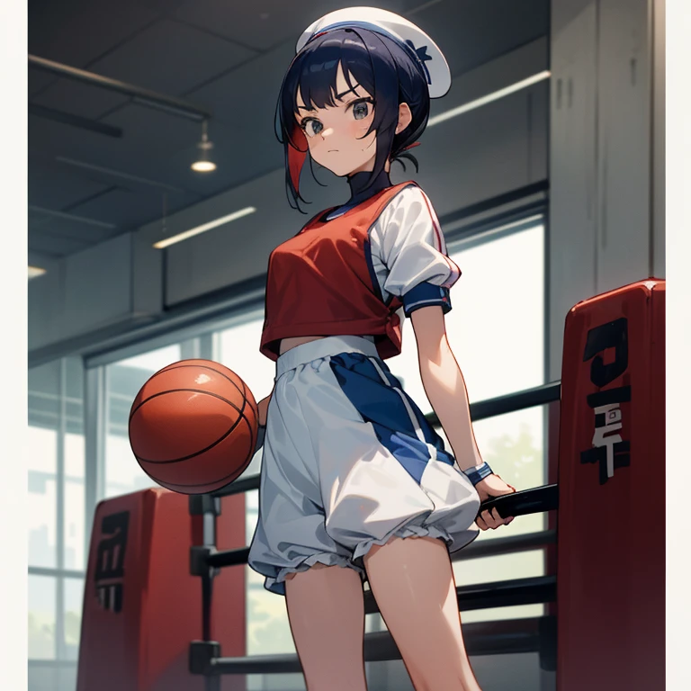 A 16-year-old girl wearing gym clothes and bloomers is standing holding a basketball. Red bowl roll Gymnasium serious facial expression Navy high-leg bloomers round neck white gym uniform
