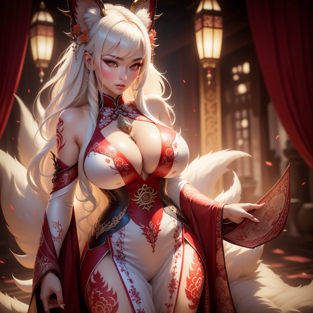 REALISTIC VISION 1.4, BETTER VAE,sharp focus, ultra detail, 32k,realistic photo, intricate details, kitsune, intricate details ,woman, nine tails,intricate details,intricate details,big tits, Voluptuous body, intricate details, Miko,clothes long white dress with red details intricate details,tattoos intricate details,full body,