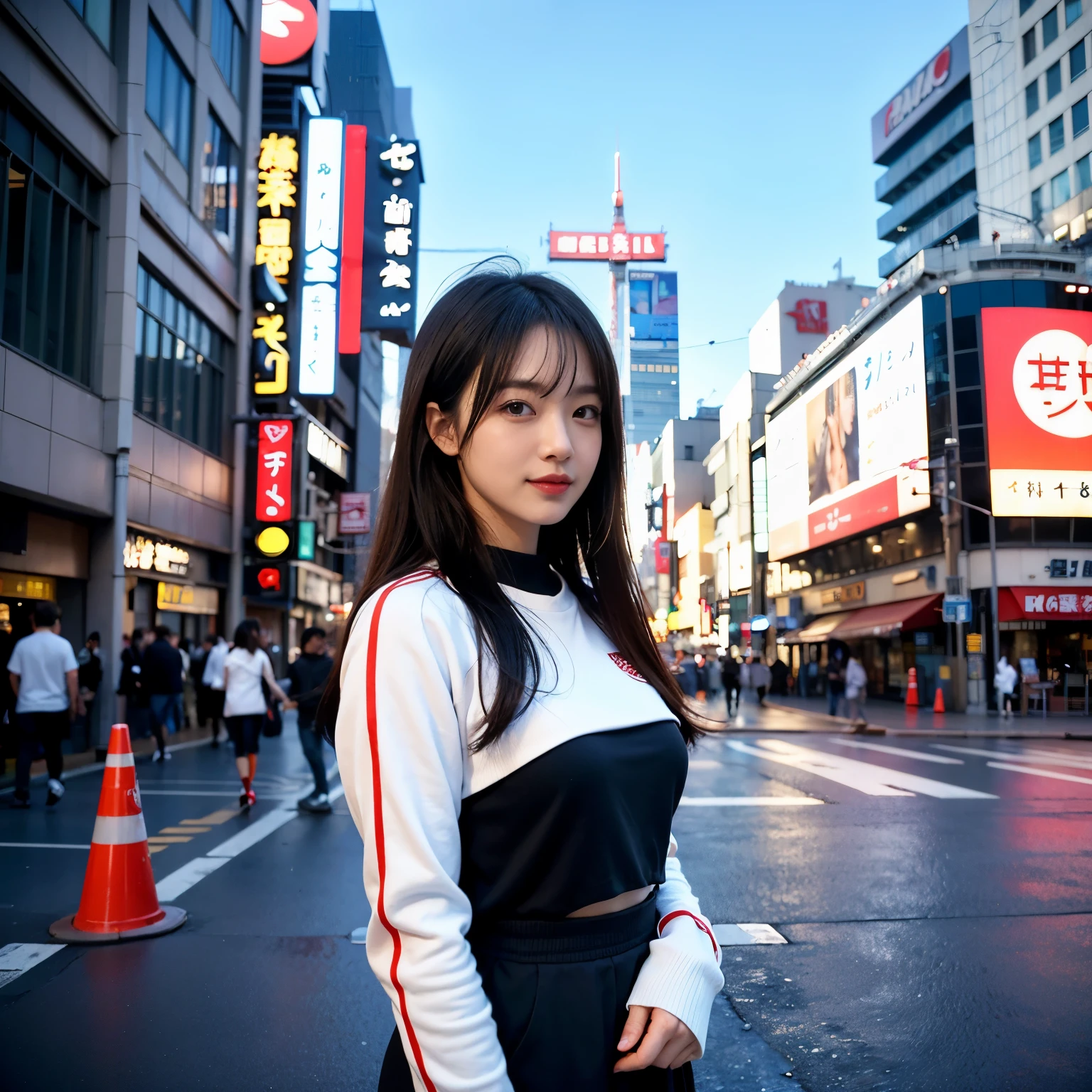 1人、Dotonbori Street、Osaka、A city scape、Cityscape at daytime、full bodyesbian、a closeup、A smile、、(8K、Raw photography、top-quality、masterpiece:1.2)、(realisitic、フォトrealisitic:1.37)、Highly detailed eyelash drawing、(((Top image quality))), (Perfect Anatomy), (Realistic), (Dynamic Angle), Pose Seductive,Perfect, Look、top-quality、hight resolution、Osaka、Shinsaibashi、Glico Signage、wearing a fashionable winter jersey、street snap
