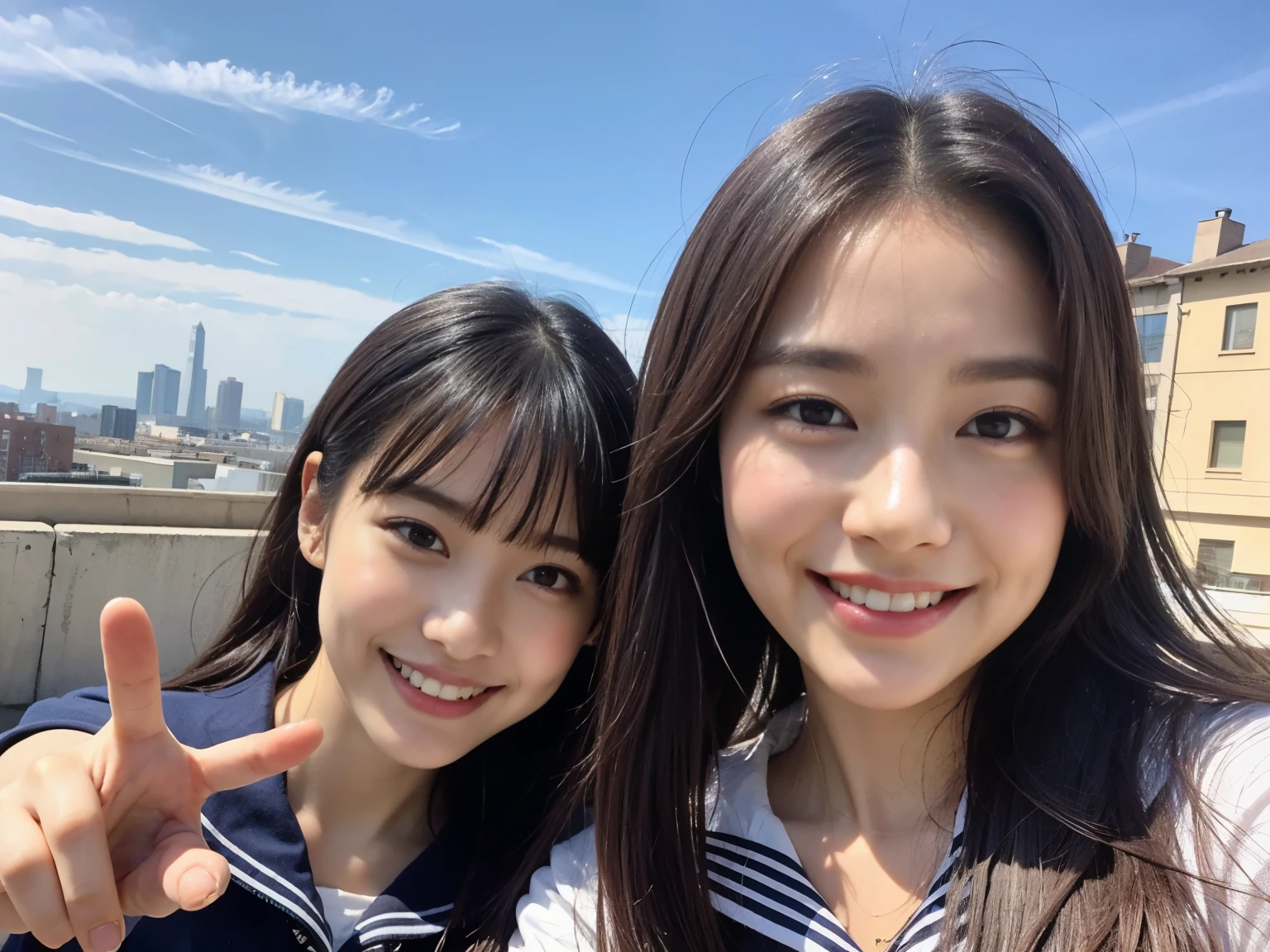 (8k, RAW photos, top quality, masterpiece: 1.2), ultra detail, super resolution, (realistic, actual photos: 1.37), (photorealistic: 1.6), eating lunch on the roof of the school. , Fantastic scenery, cute lunch box, Gakko rooftop, lunch break, fashionable school, futuristic city, school of the future, future world, fantastic world, new world, high resolution RAW color photo, professional photo, very detailed and beautiful, (pointing at the camera), real light (with both hands wide open and palm facing us), smile so much that you can see your teeth, beautiful scenery mixed with light, Very detailed sailor suit, amazingly cute female proofreading, amazing cute smile, transcendent cute face, amazing details, red scarf, very detailed beautiful girls, different pattern face, one is a ponytail, modern cute schoolgirl, very detailed face very detailed eyes, very realistic skin, very detailed fingers, very detailed nose, very detailed mouth, perfect anatomy, Highly detailed sailor suit, highly detailed background,after school,。 full of smiles, long straight hair, (dull bangs: 1.2), Celebrity level cuteness, high school girl youth (pink eye shadow)