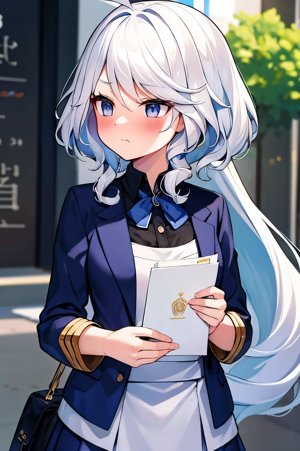 furina, A girl with white hair, school uniform, handing you a cultural festival flyer, looking away, pouting, blushing