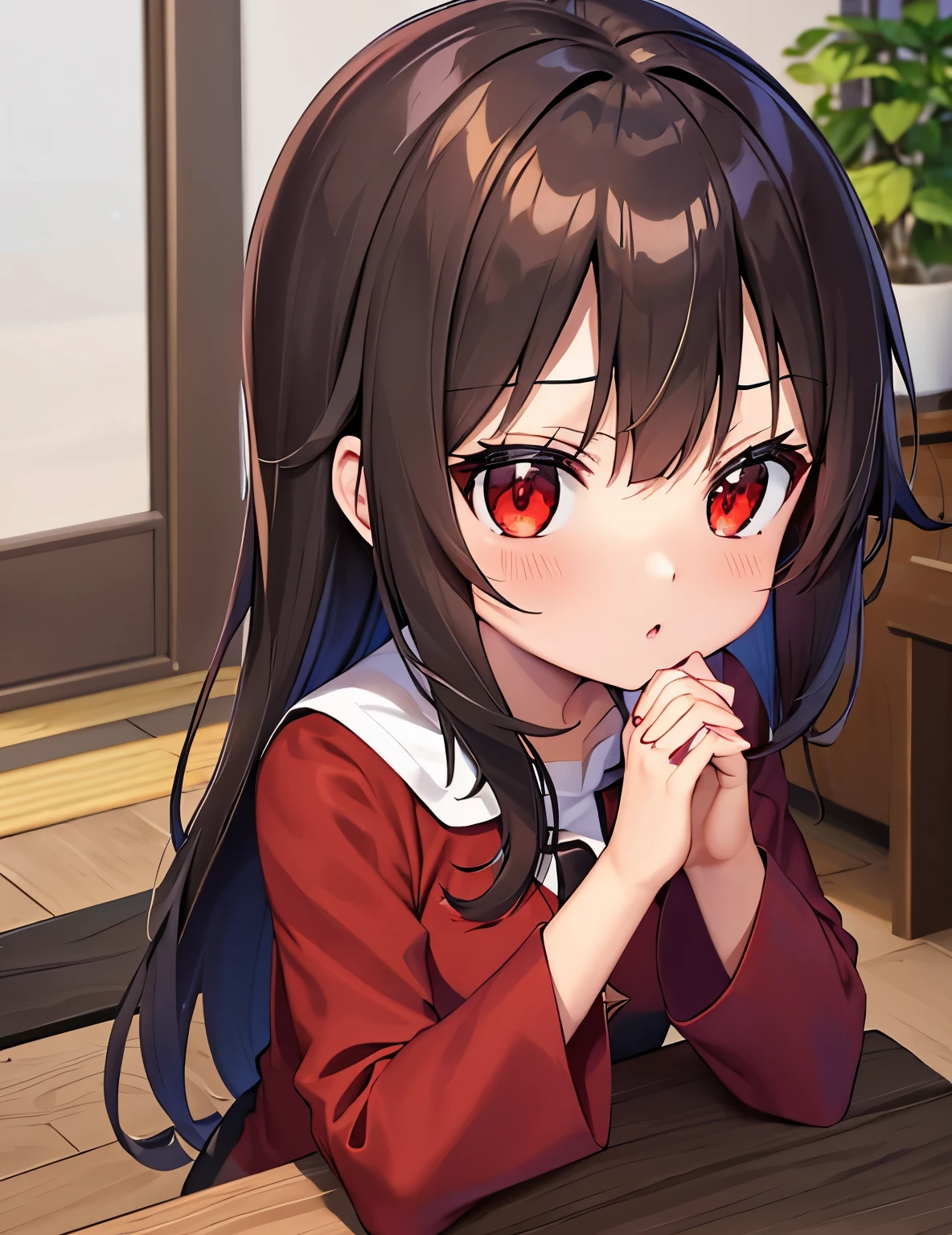 Megumin, red eyes, cabelos curto, cabelo castanho, roupa verde de fada, asas de fada, em casa, hands crossed, com vergonha, de noite.