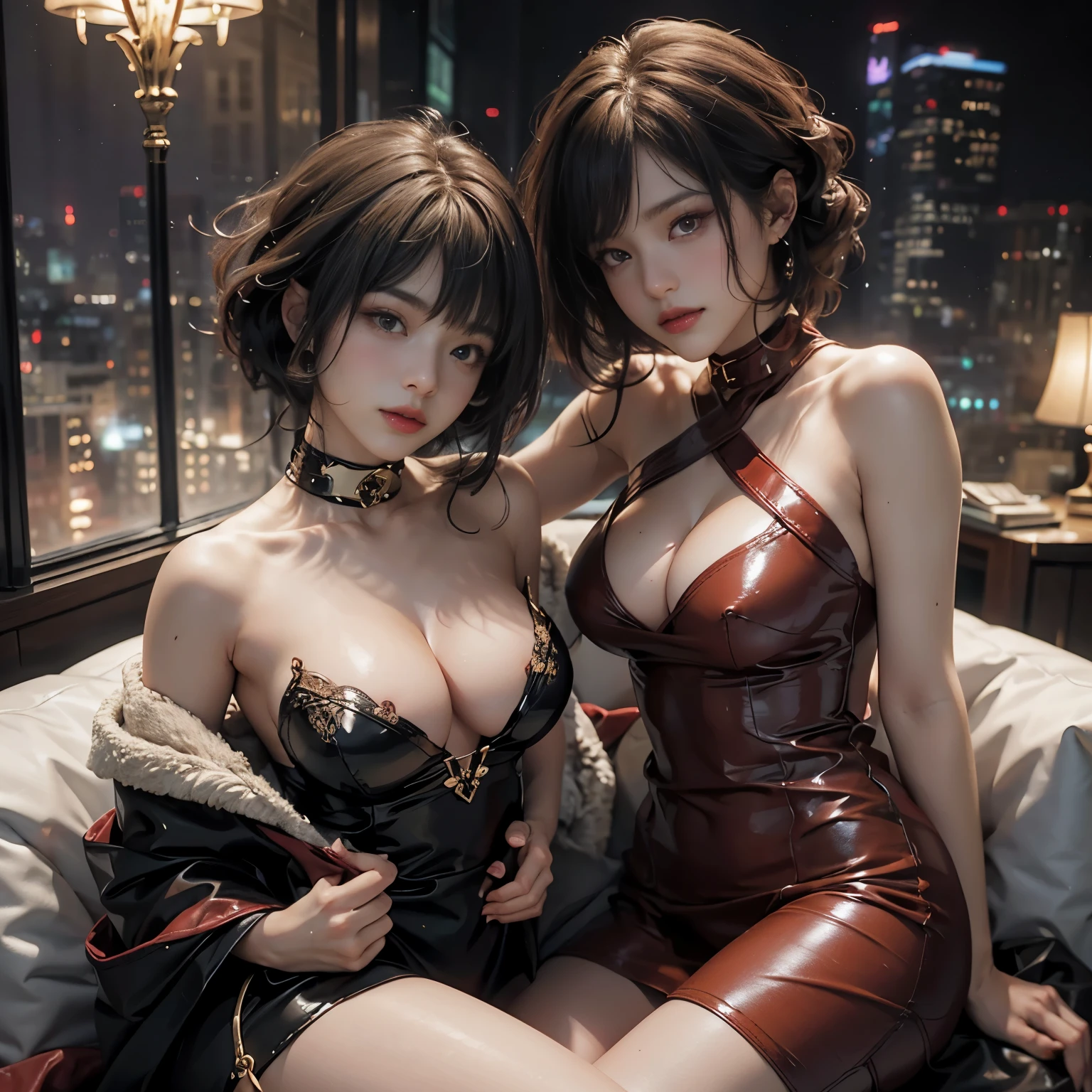 ((Raw photography,top-quality,hight resolution,Ray tracing,nffsw,Best Quality,Post-processing,portlate.3D,PureErosFace_V1:0.7,),(( Shiny dark red leather bondage outfit,golden luxury embroidery,Dark red BDSM,mistress,Bold figure,tight skirts,)))((((short hair hair,Emphasize cleavage,huge tit:4.0,Thin leg,Otto's eye,Elaborate depiction of limbs,a small nose,Have a perfect body,sleeveless,Full-body figure,high-heels,)))),((tthin eyebrows,long eyelashes,smil,二重まぶた,Vibrant eyes,looking down on viewers,red lipsticks,)),Create beautiful light effects on the background,Light Particle Filter,(finerly detailed face:1.3),hotel,Sit on the sofa and cross your legs,