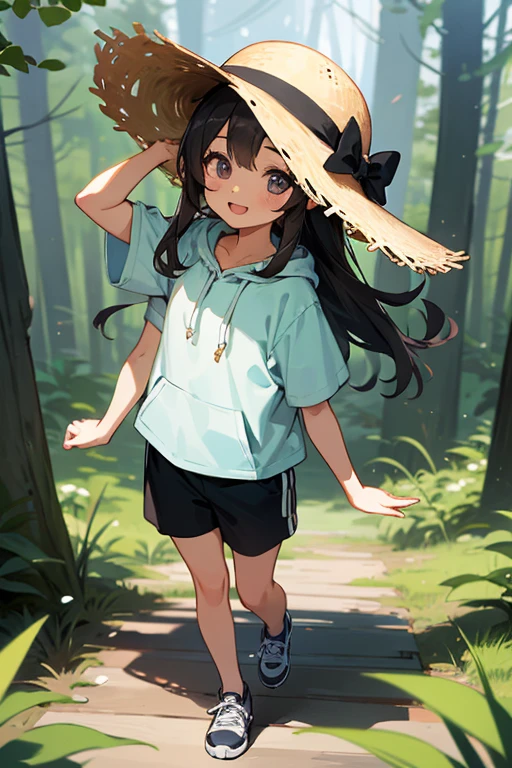1 girl, solo, dark hair, long hair, 8 years old, child, summer clothes, shirt, hoodie, short shorts, leggings, straw hat, wearing hat, pretty girl, happy, smiling, (background in forest), scenery, full body