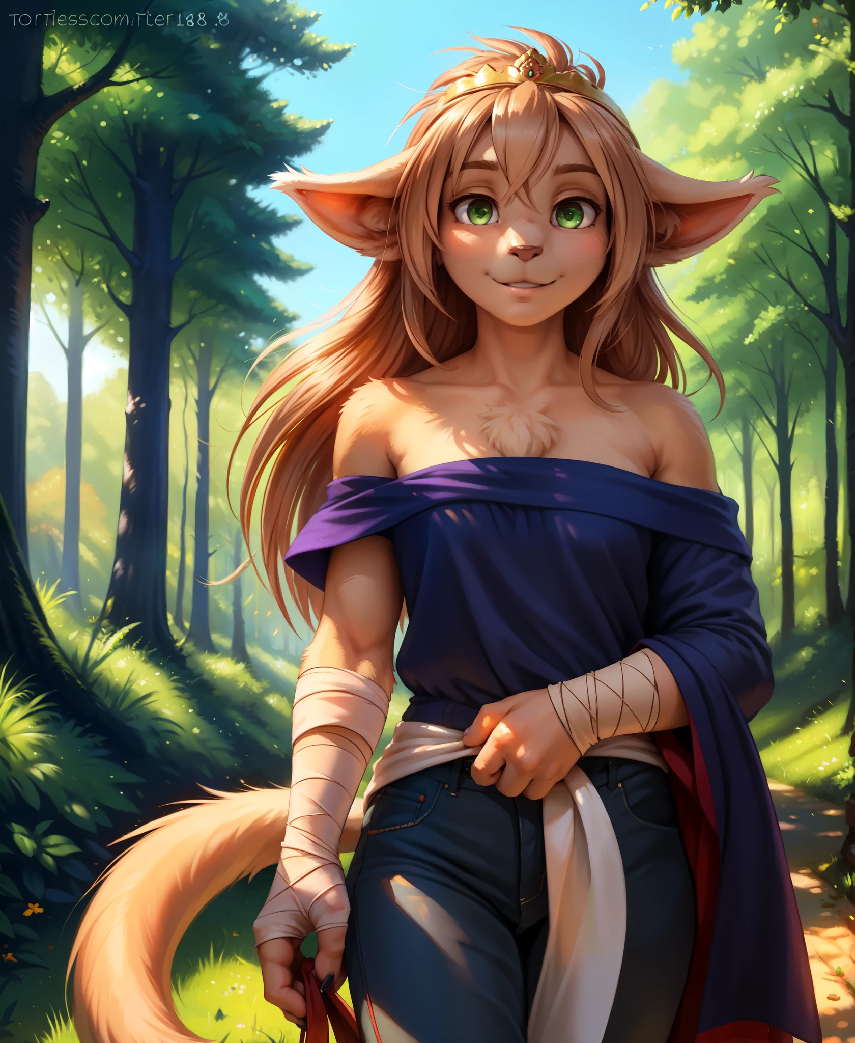 by kenket, by totesfleisch8, (by thebigslick, by silverfox5213:0.8), (by syuro:0.2),, king-adelaide, twokids, (best quality, masterpiece:1), solo, furry female anthro, green eyes, arm wraps, long hair, light brown hair, portrait, fingers, finger claws, looking at viewer, feline tail, strong, muscular, crown, (outdoors dark forest trees blurry blurred background:1.1),