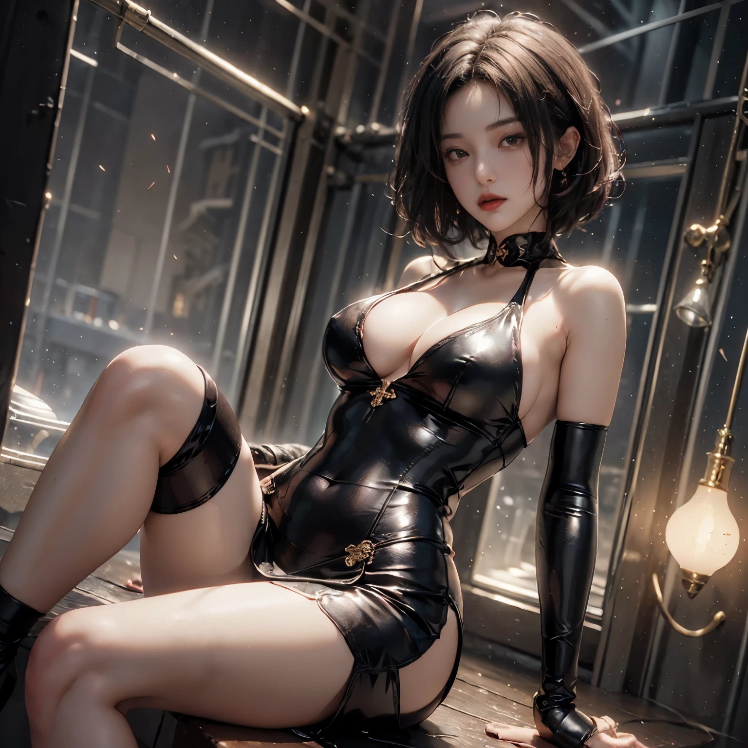 ((Raw photography,top-quality,hight resolution,Ray tracing,nffsw,Best Quality,Post-processing,portlate.3D,PureErosFace_V1:0.7,),(( Shiny dark red leather bondage outfit,golden luxury embroidery,Dark red BDSM,mistress,Bold figure,tight skirts,)))((((short hair hair,Emphasize cleavage,huge tit:4.0,Thin leg,Otto's eye,Elaborate depiction of limbs,a small nose,Have a perfect body,sleeveless,Full-body figure,high-heels,)))),((tthin eyebrows,long eyelashes,smil,二重まぶた,Vibrant eyes,looking down on viewers,red lipsticks,)),Create beautiful light effects on the background,Light Particle Filter,(finerly detailed face:1.3),hotel,Sit on the sofa and cross your legs,