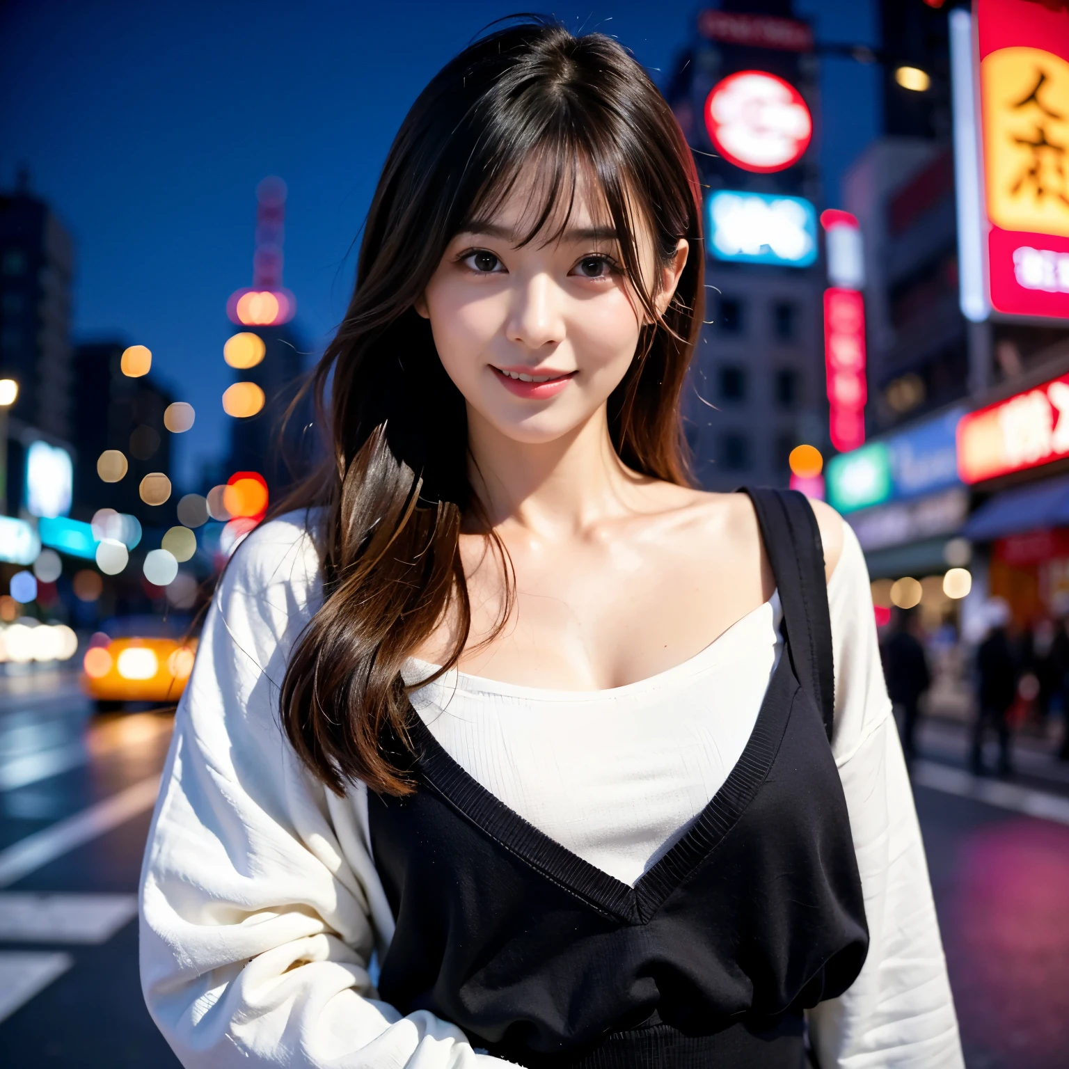 女の子1人、Dotonbori Street、Osaka、A city scape、Cityscape at daytime、Bright background、full bodyesbian、a closeup、A smile、、(8K、Raw photography、top-quality、​masterpiece:1.2)、(realisitic、フォトrealisitic:1.37)、Highly detailed eyelash drawing、(((Top image quality))),  (Perfect Anatomy), (Realistic), (Dynamic Angle), Pose Seductive,Perfect, Look、top-quality、hight resolution、Osaka、Shinsaibashi、Glico Signage、wearing a fashionable winter jersey、street snap、Hair is short