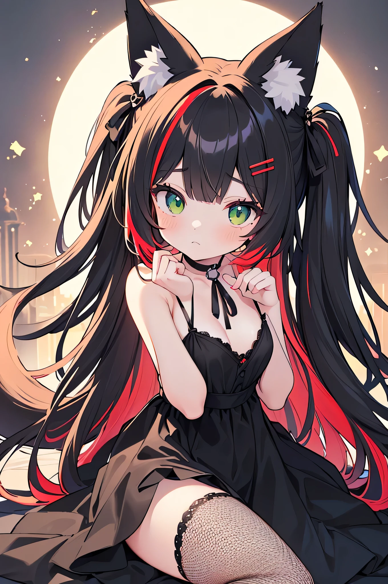 masterpiece, best quality,super fine illustration, perfect anatomy, correct anatomy, perfect proportion, perfect face, perfect hands, perfect legs, perfect fingers, perfect hands, professional lighting, best quality, ultra detailed, extremely delicate and beautiful, 4k, 8k,,1girl, fox girl, (((multicolored hair:1.2)(black 1.1)(red 1.1), fox ears, long hair, fox tail, black dress, fishnet stockings, cute expression, highres, best quality, masterpiece,clearly drawn face, beautiful eyes, beautifully detailed eyes, highly detailed eyes, ribbon, choker, looking at viewer, skull hair clip, green eyes, head shot