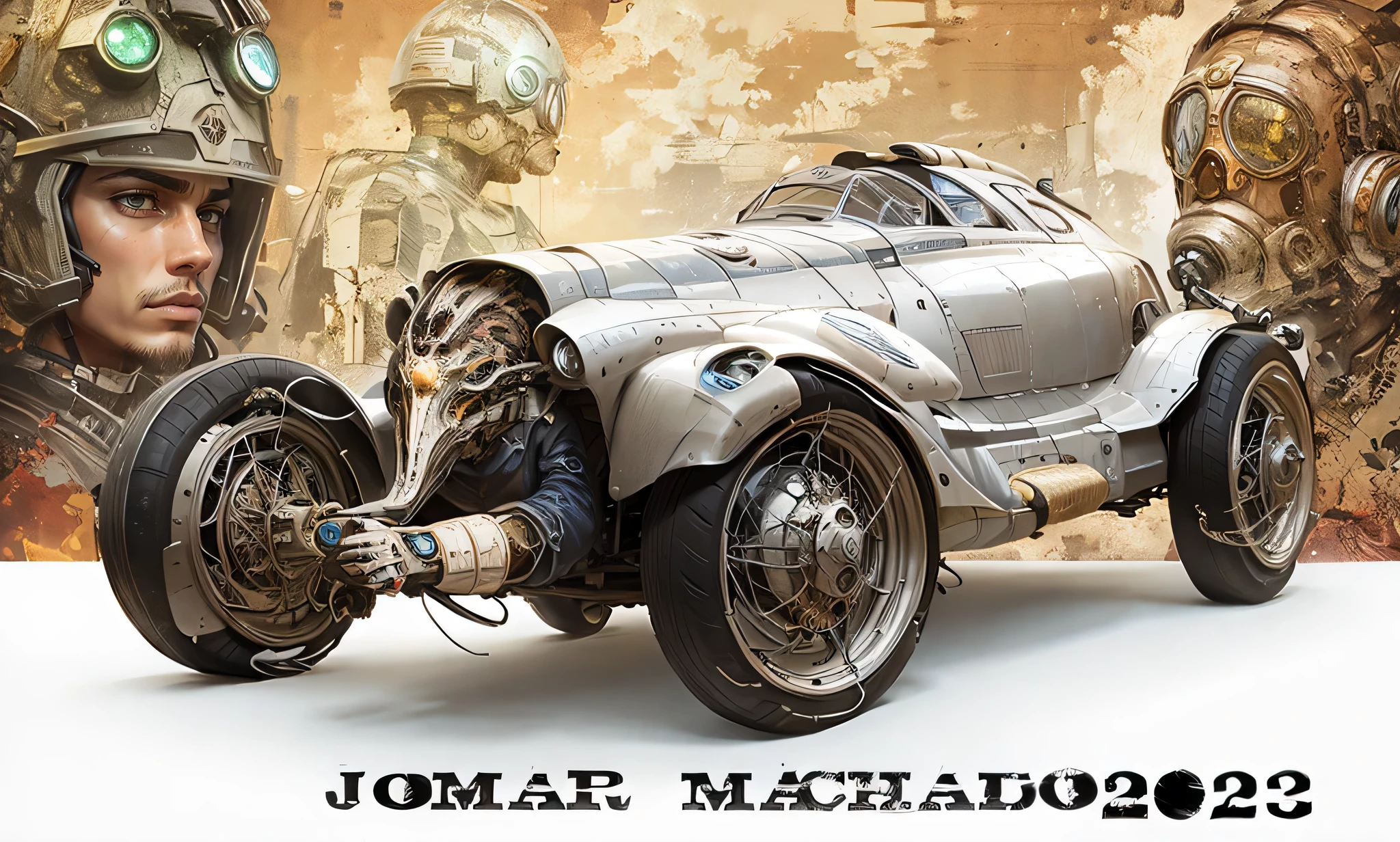 Um carro de corridas possante Cyberpunk em primeiro plano, in the back there is a cyberpunk pilot in a cyberpunk outfit and on the other side there is a male cyberpunk pilot, ao fundo uma cidade animada e agitada Cyberpunk