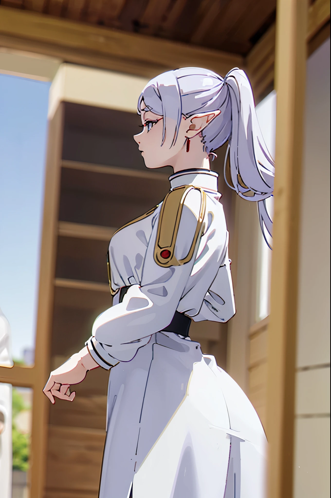 ((Detailed, masterpiece, 8K, high definition)) Frieren, elf, white hair, twin ponytails, wide hips, big ass, nice breasts, Proper Attire , bedroom, seductive stance, dynamic stance, seductive