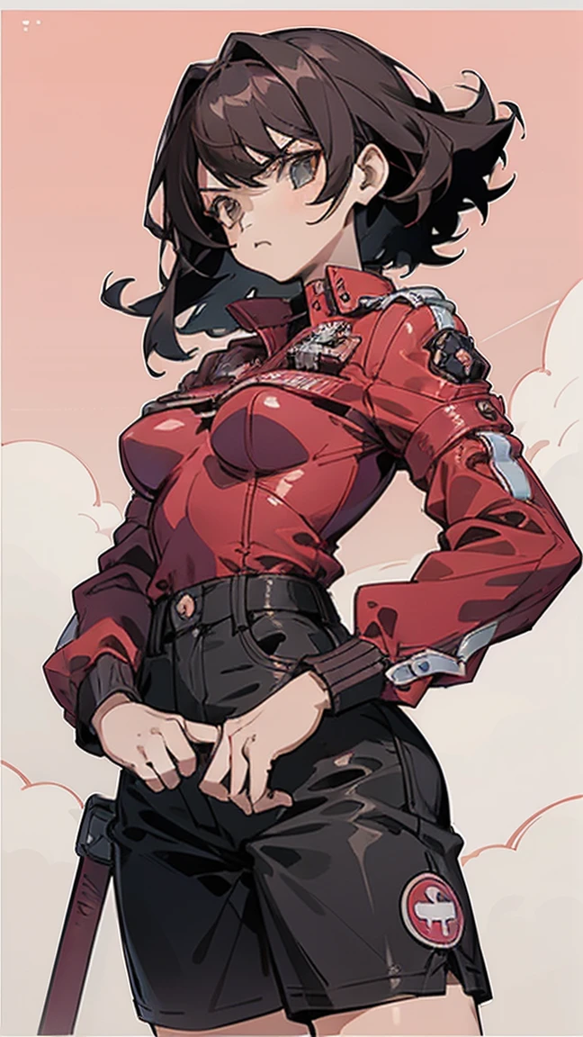 1girl, serious face,medium breasts,camisa preta,Black shorts,cabelo rosa,medium hair,olhos castanhos,pilotando uma poderosa motocicleta rosa de estilo militar,cowboy shot,((Fundo da cidade))