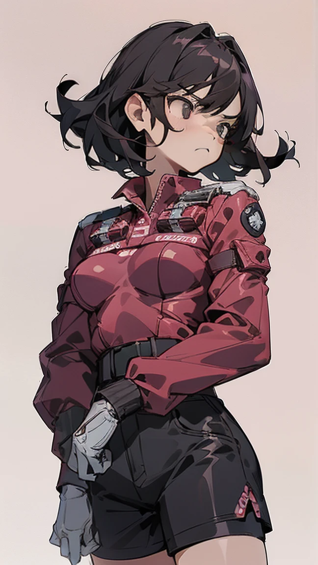 1girl, serious face,medium breasts,camisa preta,Black shorts,cabelo rosa,medium hair,olhos castanhos,pilotando uma poderosa motocicleta rosa de estilo militar,cowboy shot,((Fundo da cidade))