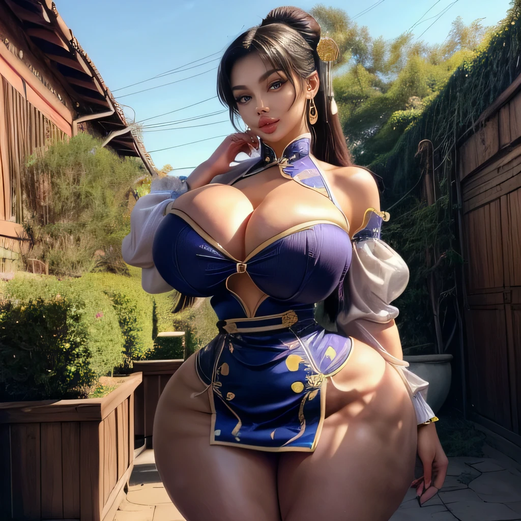 ((((solo:1.4)))), ((((perfect beautiful face and body:1.4)))), (((((smooth flawless skin that does not blend with clothes:1.5))))), ((((best-quality beautiful body and face:1.5)))), ((((best quality,8k,16k,32k,highres,masterpiece:1.5)))), (((high-quality details:1.5))), (((award-winning work:1.5))), (((high-quality detailed face and eyes:1.5))), (((sharp complete body focus:1.5))), (((1 Chun li))), ((((Chun-Li wears a usually blue qipao, an early-20th-century Chinese dress, with golden accents, puffy sleeves, and a white waistband)))), (((trying to seduce you))), (sexy), (Flirty), ((Garden background)), (oppai proportion), ((beautiful alluring African anime woman with gigantic breasts:1.6)), ((wide hips:1.6)), ((curvy lifted gigantic booty:1.6)), ((thigh gap:1)), ((small waist)), ((thick slender shapely legs:1.4)), ((Abs)), ((cameltoe)).