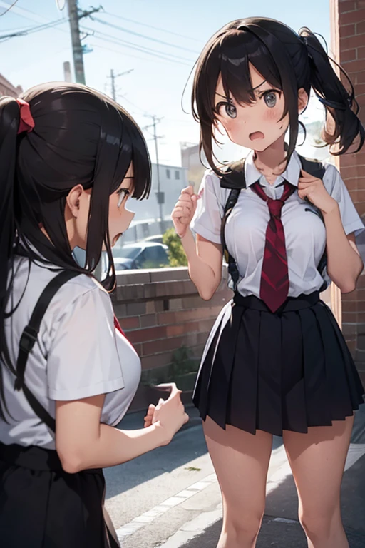 two highers girls, arguing, angry face