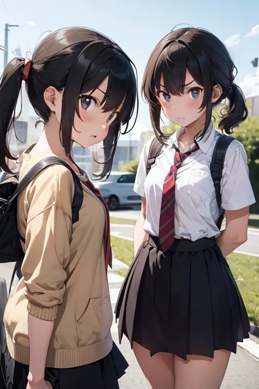 two highers girls, arguing, angry face