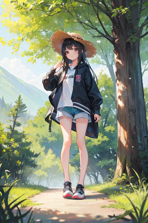 1 girl, solo, dark hair, long hair, 8 years old, child, summer clothes, shirt, hoodie, short shorts, leggings, straw hat, wearing hat, pretty girl, happy, smiling, (background in forest), scenery, full body