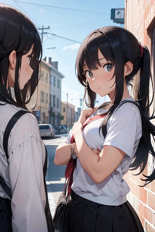 two highers girls, arguing, angry face