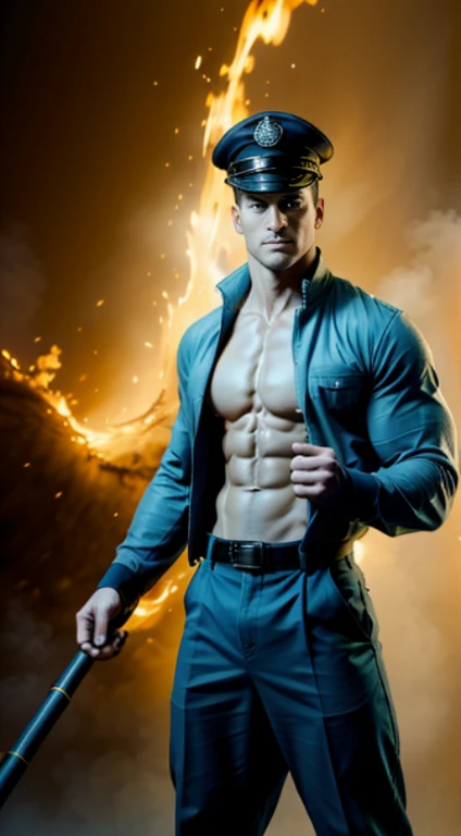 (best quality,4k,8k,highres,masterpiece:1.2),ultra-detailed,(realistic,photorealistic,photo-realistic:1.37),very fit fireman,strong and muscular body,ripped abs,chiseled jaw,blonde hair,charming smile,his eyes glistening with determination,long eyelashes,[naked] except for his fireman jacket,[open jacket,showing off his amazing body],his well-defined chest and six-pack abs,sexy v-shaped waist,sculpted arms and broad shoulders,his strong legs,tall and confident standing posture,[large ,completely exposed],the fireman badge shining on his jacket,fireman hat on his head,[fireman boots] on his feet,standing in front of a backdrop of fire and smoke,[dynamic pose],he looks heroic and ready for action,background illuminated by [warm, vibrant] colors,sunlight casting a [soft, warm] glow on his toned body,shadows adding depth to the image,creating a sense of realism and intensity, [captivating, intense] gaze,exuding confidence and bravery,rich details and textures,sharp focus,with a touch of [cinematic, dramatic] style,ensuring an immersive and visually stunning artwork.