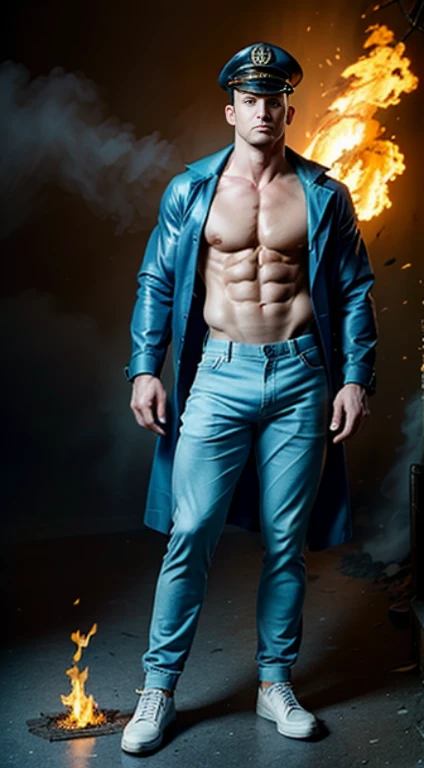 (best quality,4k,8k,highres,masterpiece:1.2),ultra-detailed,(realistic,photorealistic,photo-realistic:1.37),very fit fireman,strong and muscular body,ripped abs,chiseled jaw,blonde hair,charming smile,his eyes glistening with determination,long eyelashes,[naked] except for his fireman jacket,[open jacket,showing off his amazing body],his well-defined chest and six-pack abs,sexy v-shaped waist,sculpted arms and broad shoulders,his strong legs,tall and confident standing posture,[large ,completely exposed],the fireman badge shining on his jacket,fireman hat on his head,[fireman boots] on his feet,standing in front of a backdrop of fire and smoke,[dynamic pose],he looks heroic and ready for action,background illuminated by [warm, vibrant] colors,sunlight casting a [soft, warm] glow on his toned body,shadows adding depth to the image,creating a sense of realism and intensity, [captivating, intense] gaze,exuding confidence and bravery,rich details and textures,sharp focus,with a touch of [cinematic, dramatic] style,ensuring an immersive and visually stunning artwork.