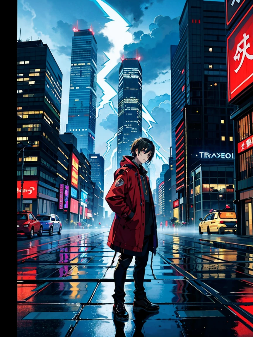 1st grade,um menino de 13 anos、DAMP BODY、menino cyberpunk、The beginning of the adventure、(Encharcando:2)、(lightnings:1.5)、Muitas nuvens,Heavy fog、mistborn,caothic city of the future、Cinematic dystopia、A group of very tall skyscrapers is in the center、Paisagem urbana muito complexa,Crowded Chinese skyscrapers、Placas de rua、street lighting、taxis、Trem、blue lighting,estrada escura、Lots of puddles、caothic、Beautiful and fantastic landscapes、Cinematic setting、alta qualidade、masutepiece,em 8K、alta resolução、