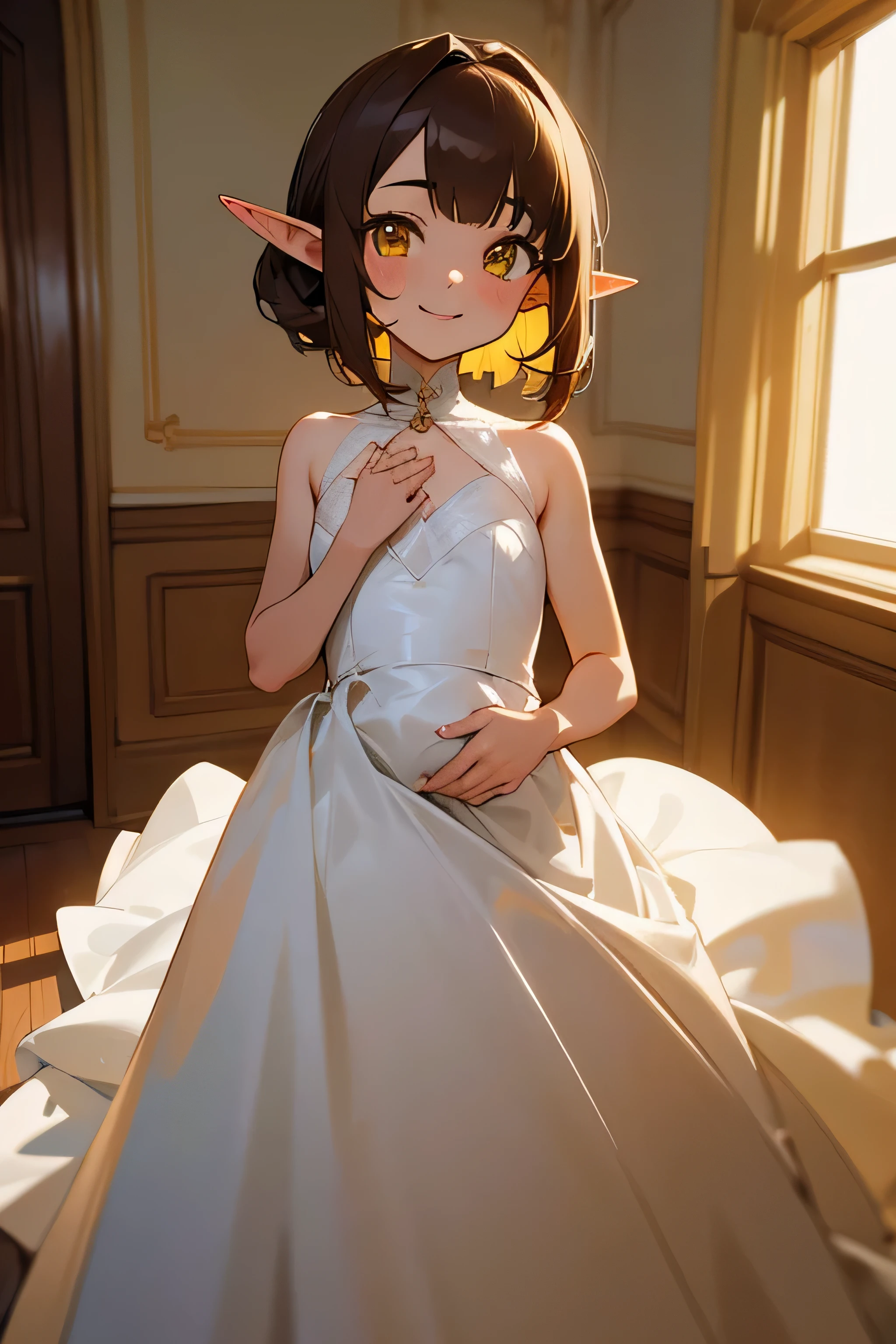 An elf girl with a small body and brown hair, yellow eyes, and a flat chest. She is pregnant, wearing a white wedding dress and has a extremly happy expression. The girl is standing in a room and looking directly at the viewer. The image should be of absurd resolution and high detail. It should be ultra-sharp and available in 8K resolution, representing a masterpiece in image quality.