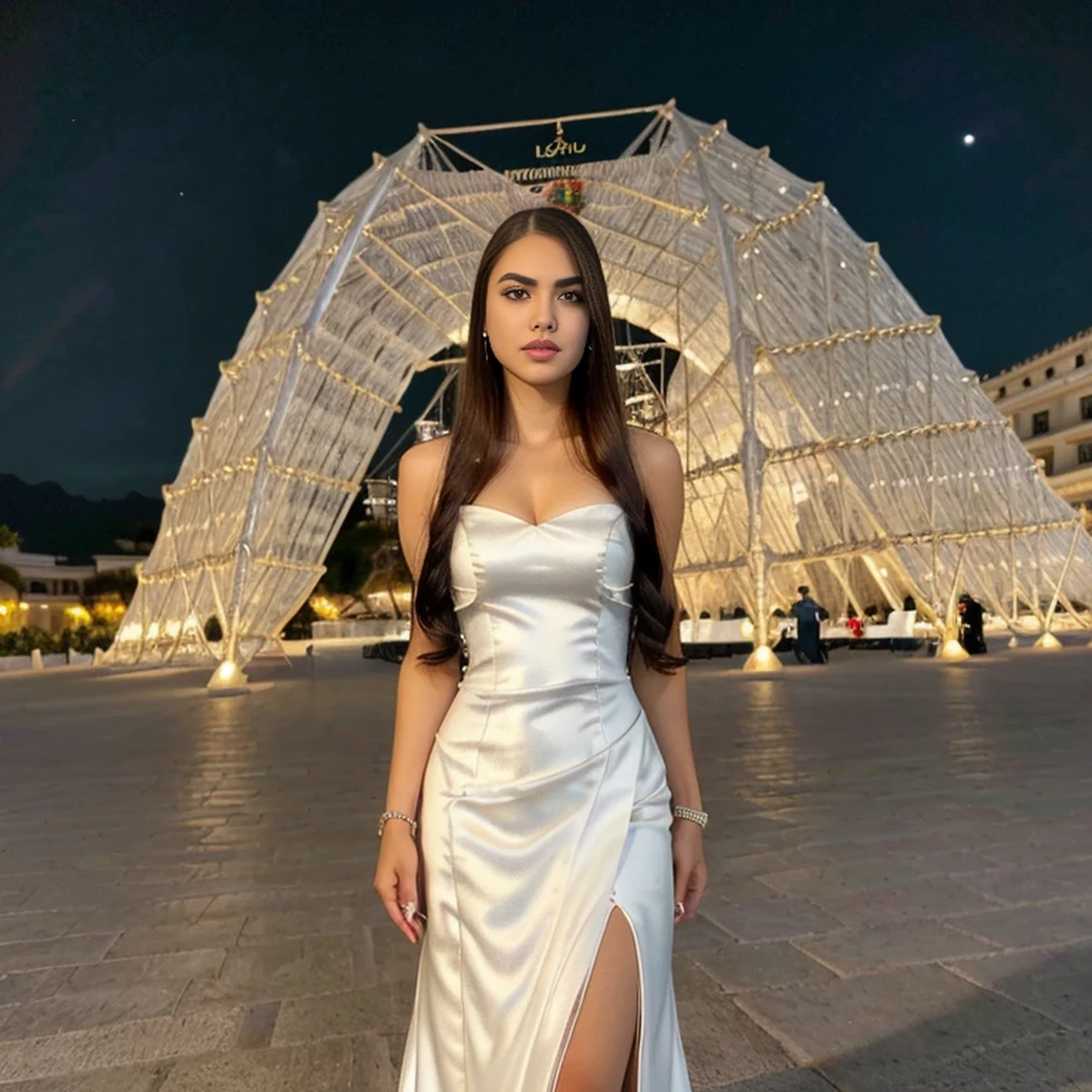 La mejor calidad, Obra maestra, Altas Resoluciones,, 1girl, Cara detallada, (Parte superior del cuerpo:1.6), Cyber cities, Mountains and rivers, Noche, Luces Firefly, realista, Rico en detalles, (Hanfu blanco:1.2), (hermoso cuerpo:1.4),