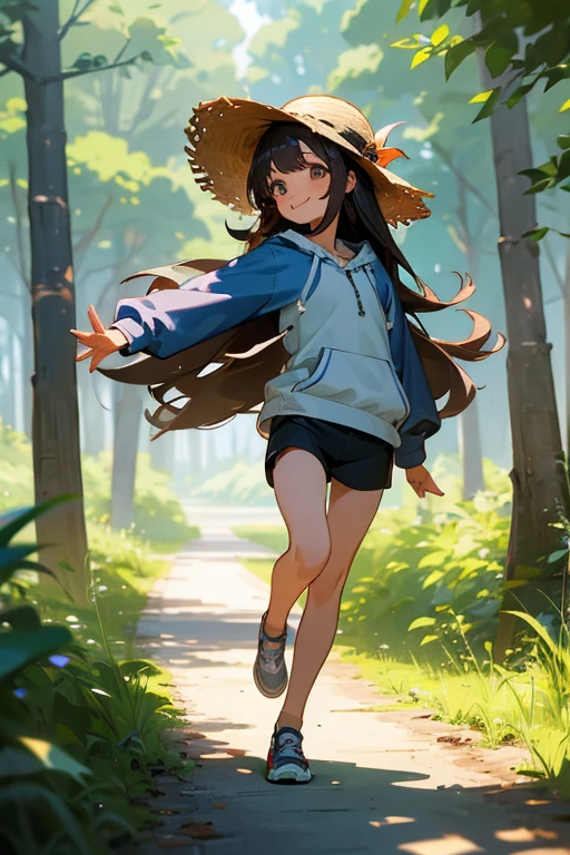 1 girl, solo, dark hair, long hair, 8 , child, suclothes, shirt, hoodie, front open hoodie, short shorts, leggings, straw hat, wearing hat, pretty girl, happy, smiling, (background in forest), scenery, full body