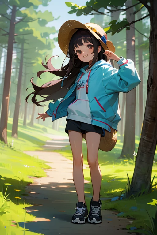 1 girl, solo, dark hair, long hair, 8 years old, child, summer clothes, shirt, hoodie, front open hoodie, short shorts, leggings, straw hat, wearing hat, pretty girl, happy, smiling, (background in forest), scenery, full body