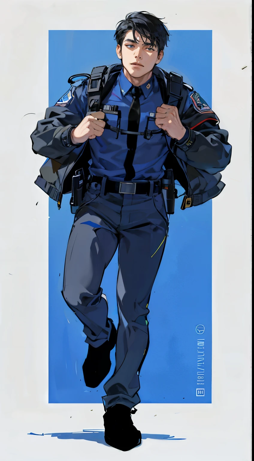a close up of a person in a uniform walking with a backpack, character design police man!!, character design police man, outfit: cop, officer, police officer, full body portrait of a short!, !!full body portrait!!, police man!!, policeman, inspired by Iwao Takamoto, commission for high res, wearing a police uniform