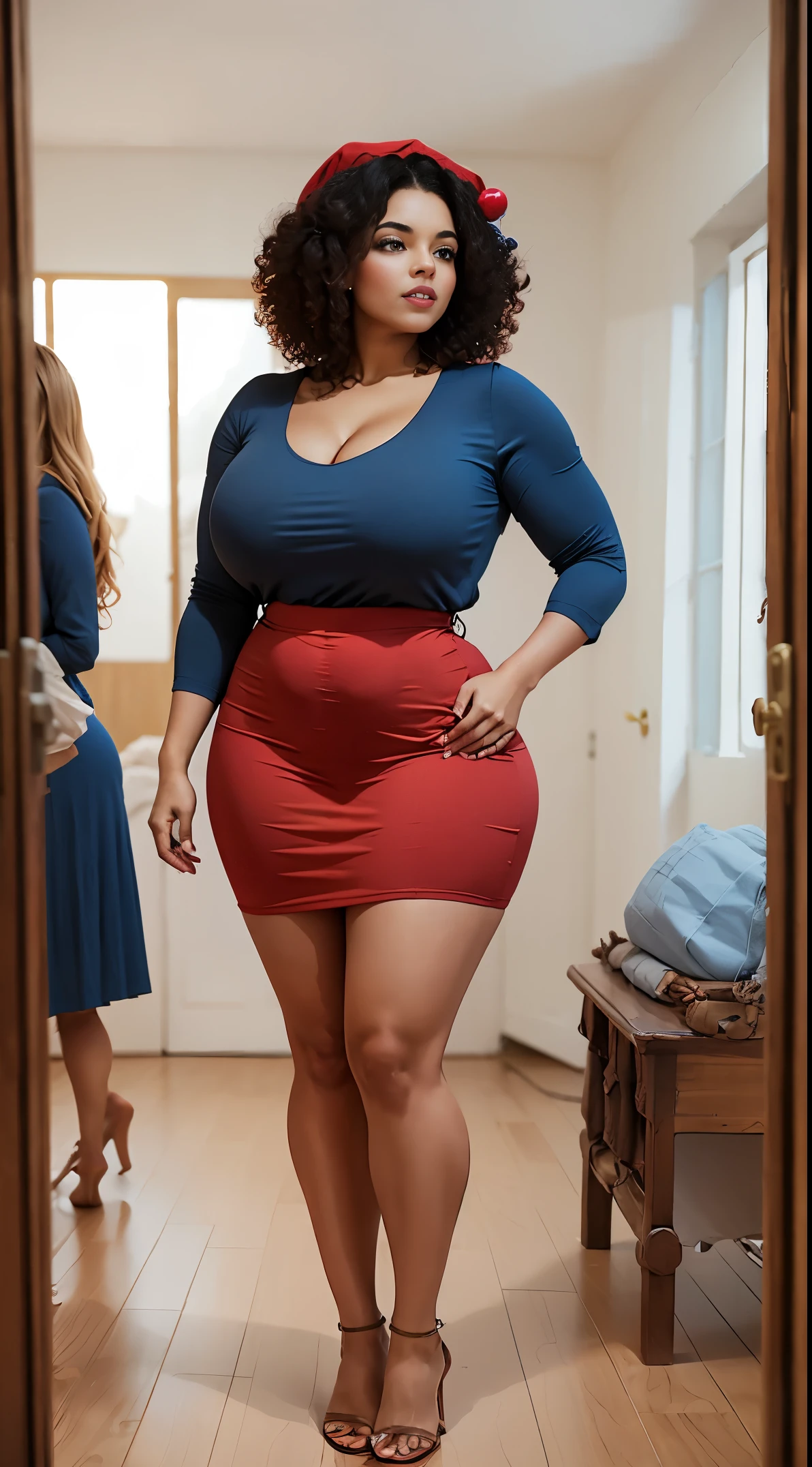 Sexy woman in Santa hat, big breasts, athletic body, afro hair, long-sleeved blouse, knee-length skirt in a room of a middle ages house, professional lighting, red, blue