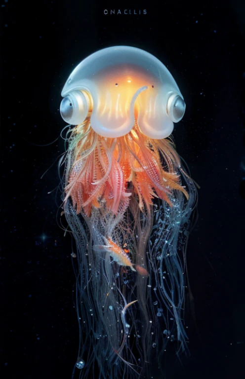 Geleefish with orange and white Gelee floating in the dark water, phoenix Geleefish, glowing Geleefish, translucent glowing Geleefish, Geleefish, Geleefish pheonix, space Geleefish, bioluminescent Geleefish, Gelee fish dancing, Gelee fish, Geleefish phoenix, neon Geleefish, sea like Gelee, transparent Geleefish, Geleefish fractal, hamburger mix Geleefish, Geleefishes, Gelee, Geleefish gelatin