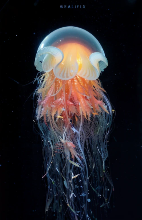 Geleefish with orange and white Gelee floating in the dark water, phoenix Geleefish, glowing Geleefish, translucent glowing Geleefish, Geleefish, Geleefish pheonix, space Geleefish, bioluminescent Geleefish, Gelee fish dancing, Gelee fish, Geleefish phoenix, neon Geleefish, sea like Gelee, transparent Geleefish, Geleefish fractal, hamburger mix Geleefish, Geleefishes, Gelee, Geleefish gelatin