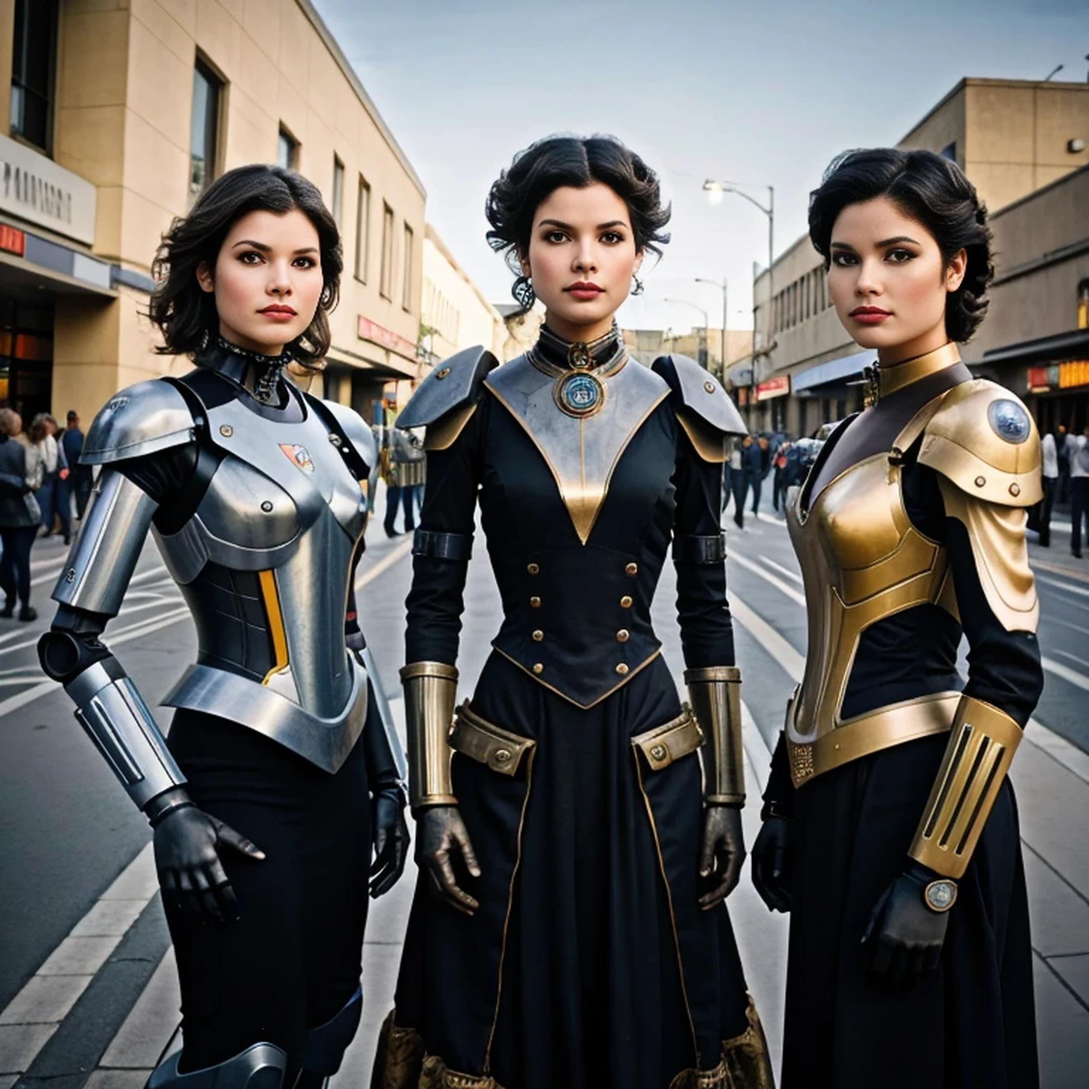 there are two robots that are standing in the street, in detailed steampunk dress, cinematic style photograph, two women, inspired by Jean Tabaud, three women, terminals, fishpeople, 2008 cinematography, iain mccaig, humanized, 5 0 0 px models, promotional photograph, 1 9 th century photography