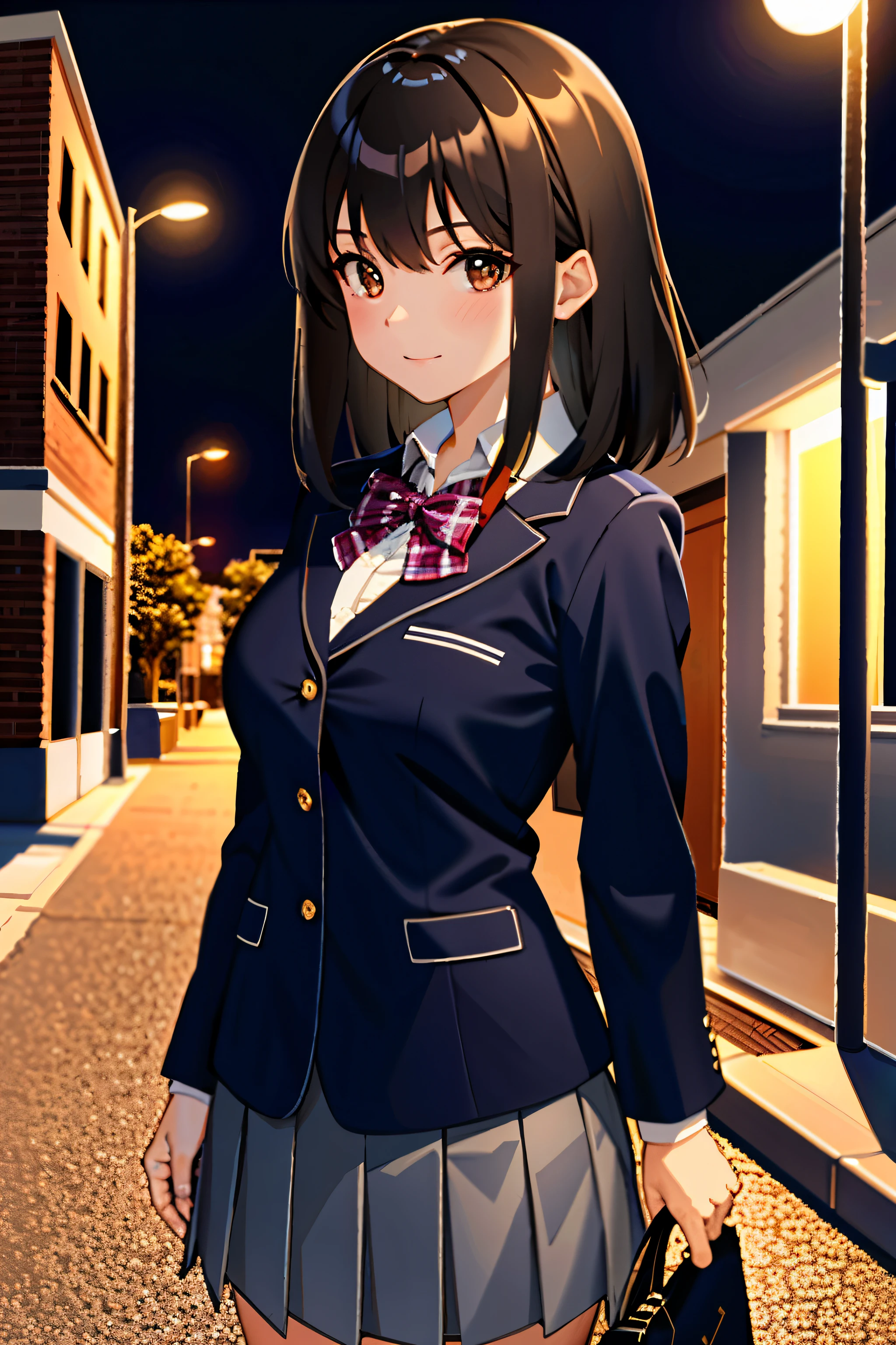 (masterpiece), best quality, high resolution, extremely detailed, detailed background, cinematic lighting, outdoor, 1girl, medium hair, dark hair, medium breasts, school uniform