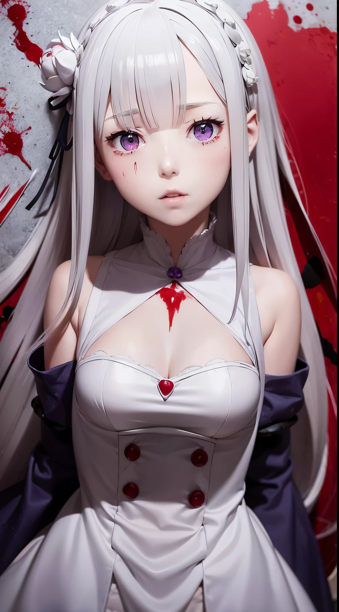 re:zero, emilia, gray hair, hair flower, masterpiece, amazing, 8k, detailed, 1girl, ((blood)), ((bleed)), (falling down)), (from above)