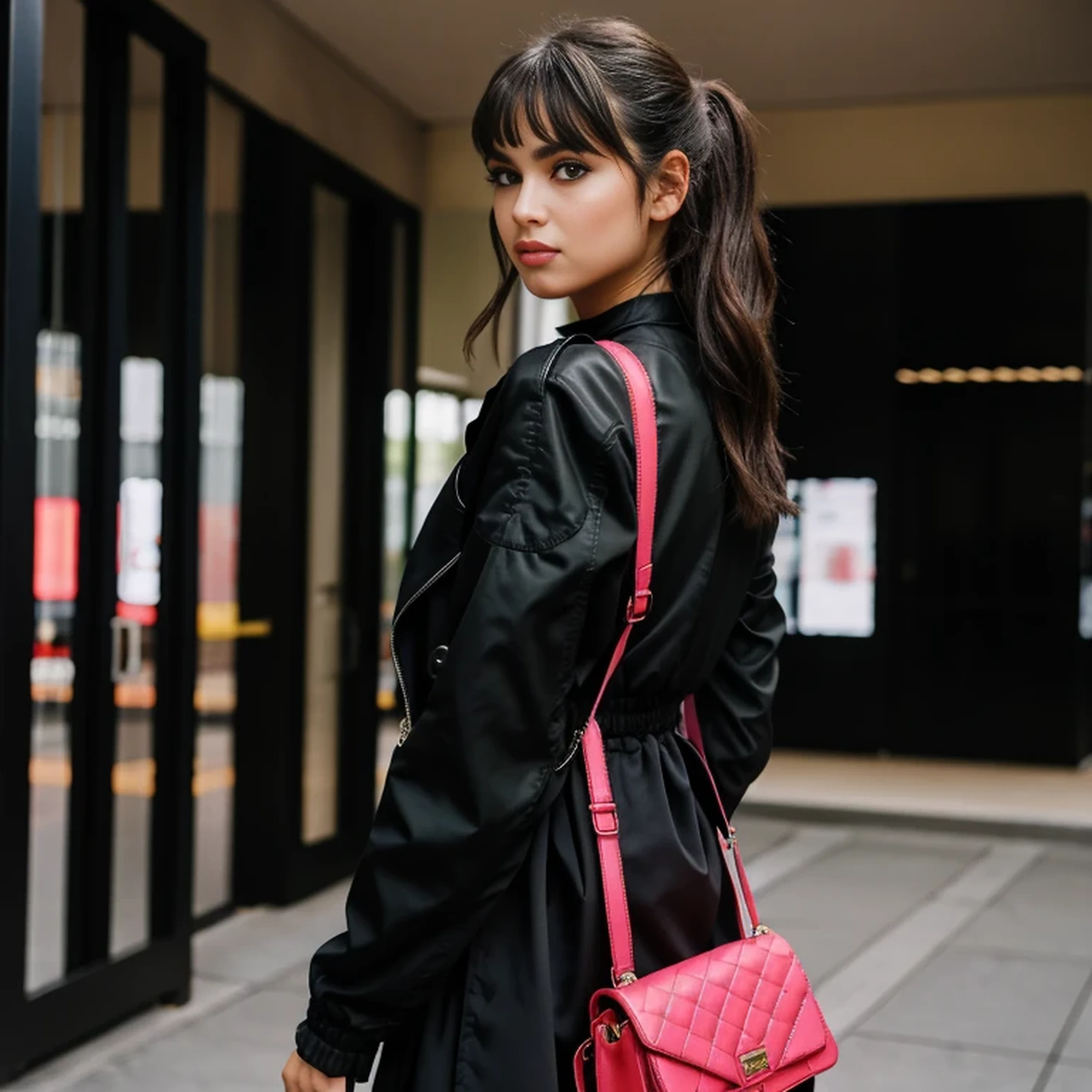 beautiful, masterpiece, best quality, extremely detailed face, perfect lighting, 1girl, solo, sketch, marnie (pokemon), green eyes, asymmetrical bangs, backpack, bag, black choker, black jacket, blurry, blurry background, choker, closed mouth, dress, from behind, indoors, jacket, long sleeves, looking at viewer, looking back, off shoulder, pink dress, red bag, solo