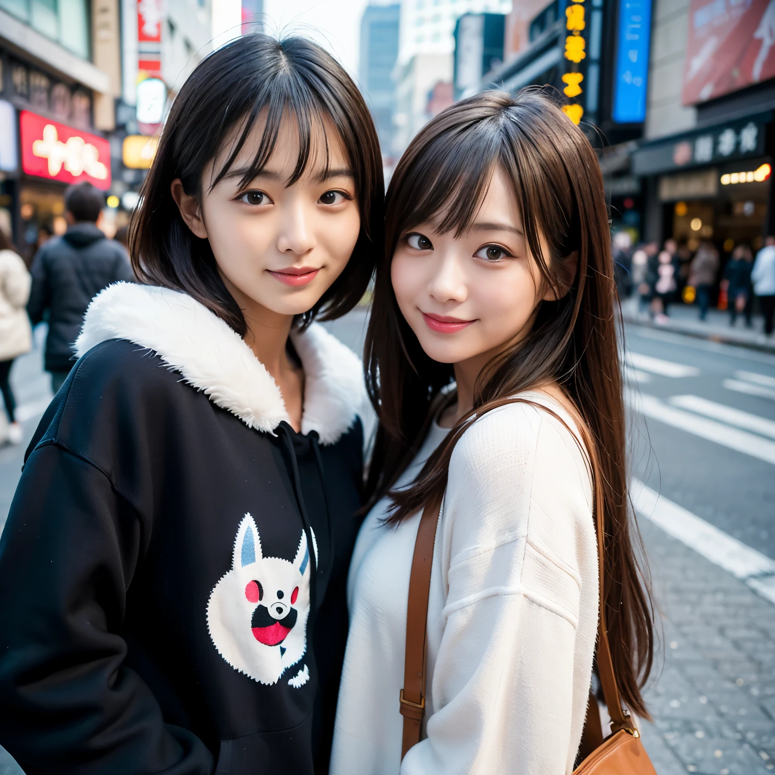 2 girls、Dotonbori Street、Osaka、A city scape、Cityscape at daytime、Bright background、full bodyesbian、a closeup、A smile、、(8K、Raw photography、top-quality、​masterpiece:1.2)、(realisitic、フォトrealisitic:1.37)、Highly detailed eyelash drawing、(((Top image quality))),  (Perfect Anatomy), (Realistic), (Dynamic Angle), Pose Seductive,Perfect, Look、top-quality、hight resolution、Osaka、Shinsaibashi、wearing a fashionable winter jersey、street snap、Hair is short、full bodyesbian、Fashionable fashion