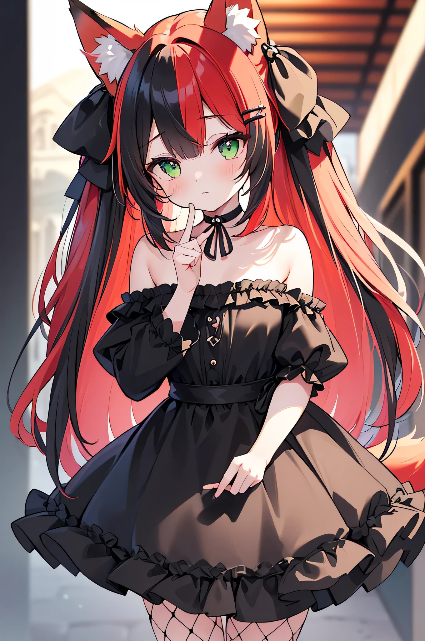 masterpiece, best quality,super fine illustration, perfect anatomy, correct anatomy, perfect proportion, perfect face, perfect hands, perfect legs, perfect fingers, perfect hands, professional lighting, best quality, ultra detailed, extremely delicate and beautiful, 4k, 8k,,1girl, fox girl, (((multicolored hair:1.2)(black 1.1)(red 1.1), fox ears, long hair, fox tail, black dress, fishnet stockings, cute expression, highres, best quality, masterpiece,clearly drawn face, beautiful eyes, beautifully detailed eyes, highly detailed eyes, ribbon, choker, looking at viewer, skull hair clip, green eyes, head shot