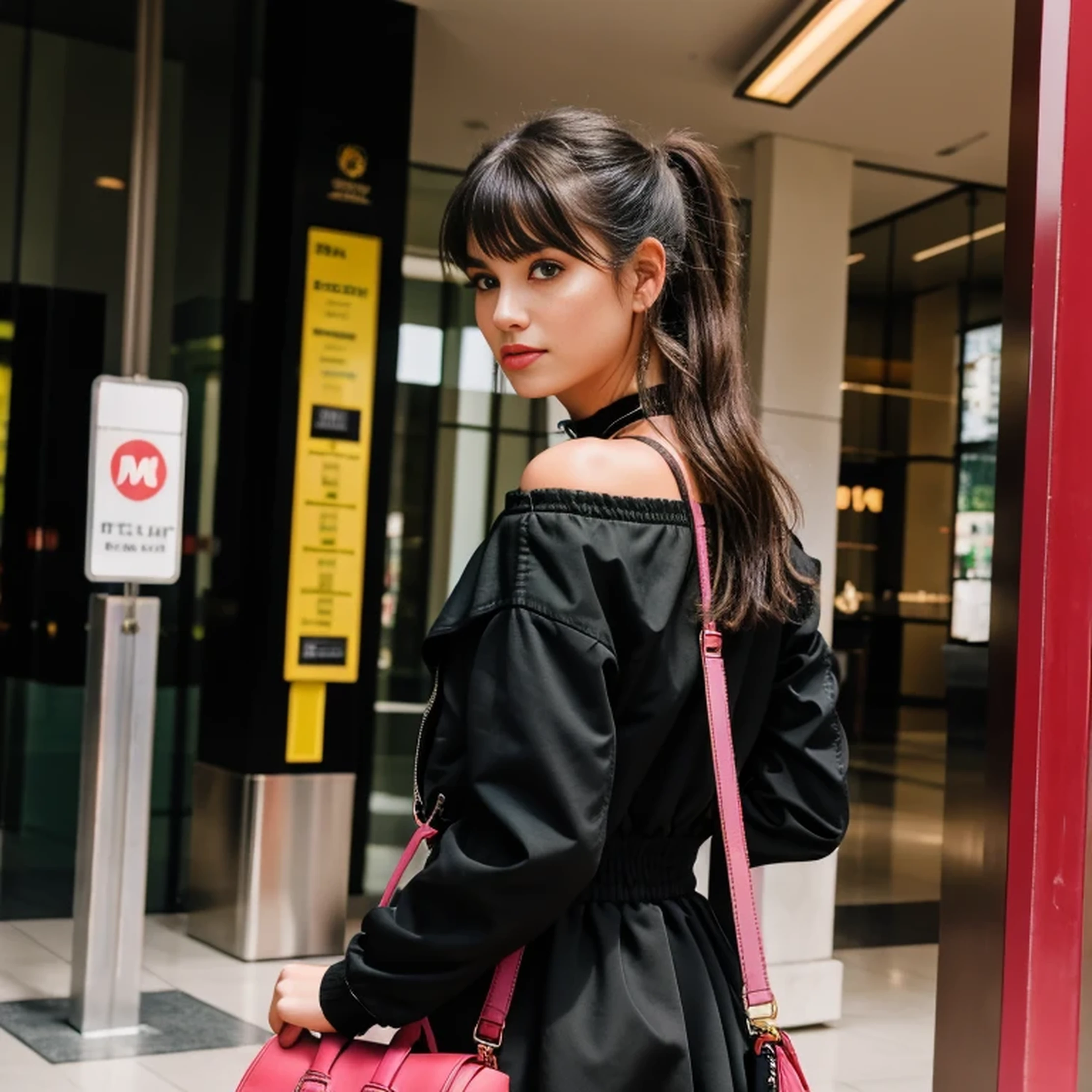 beautiful, masterpiece, best quality, extremely detailed face,  perfect lighting, 1girl, solo, sketch, marnie (pokemon), green eyes, asymmetrical bangs, backpack, bag, black choker, black jacket, blurry, blurry background, choker, closed mouth, dress, from behind, indoors, jacket, long sleeves, looking at viewer, looking back, off shoulder, pink dress, red bag, solo