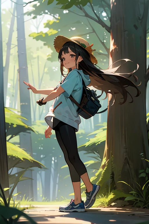 1 girl, solo, dark hair, long hair, , child, summer clothes, shirt, short sleeve hoodie, front open hoodie, short shorts, ((leggings)), straw hat, wearing hat, pretty girl, happy, smiling, (background in forest), scenery, full body