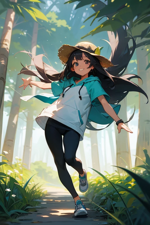 1 girl, solo, dark hair, long hair, , child, summer clothes, shirt, short sleeve hoodie, front open hoodie, short shorts, ((leggings)), straw hat, wearing hat, pretty girl, happy, smiling, (background in forest), scenery, full body