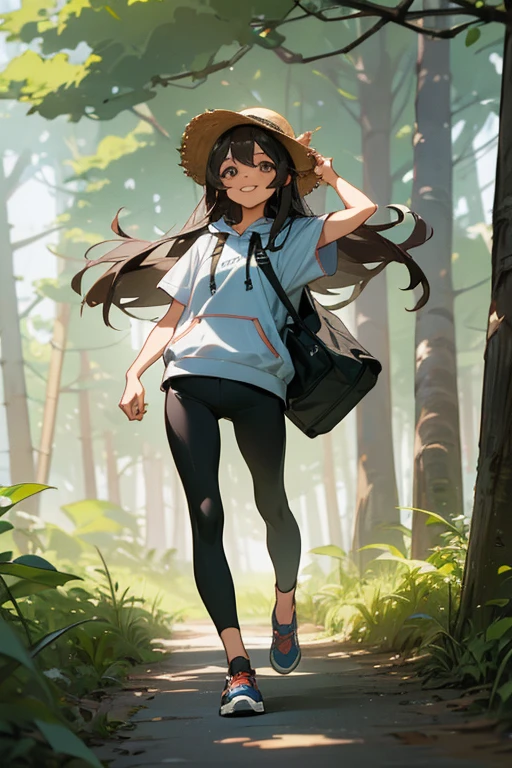 1 girl, solo, dark hair, long hair, 8 years old, child, summer clothes, shirt, short sleeve hoodie, front open hoodie, short shorts, ((leggings)), straw hat, wearing hat, pretty girl, happy, smiling, (background in forest), scenery, full body