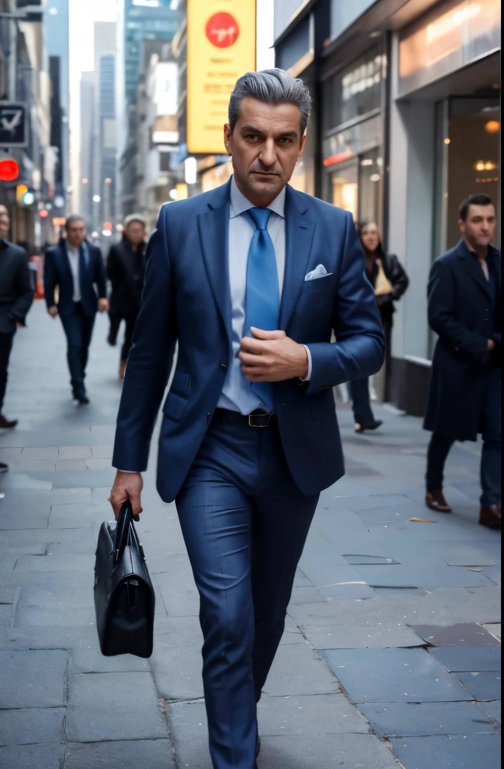 best quality,high-res,masterpiece:1.2,elegant distinguished man in a suit,fine tailored suit,fitted jacket,crisp dress shirt,stylish tie,polished leather shoes,sharp and well-groomed,middle-aged man,confident and charismatic,subtle smile,detailed facial features,expressive eyes,well-defined jawline,silver hair neatly combed,with a touch of grey,professional businessman,walking confidently in a bustling city,straight posture and purposeful stride,successful and influential,carrying a leather briefcase,modern metropolitan backdrop with tall buildings and busy streets,vivid city lights illuminating the scene,feeling of sophistication and elegance,color palette focused on cool tones and shades of blue,soft and flattering lighting,highlighting the man's features with gentle shadows,creating a sense of depth and dimension to the image,masterful brushstrokes capturing every detail in the man's attire and expression,photorealistic rendering enhancing the realism and lifelike quality of the image.