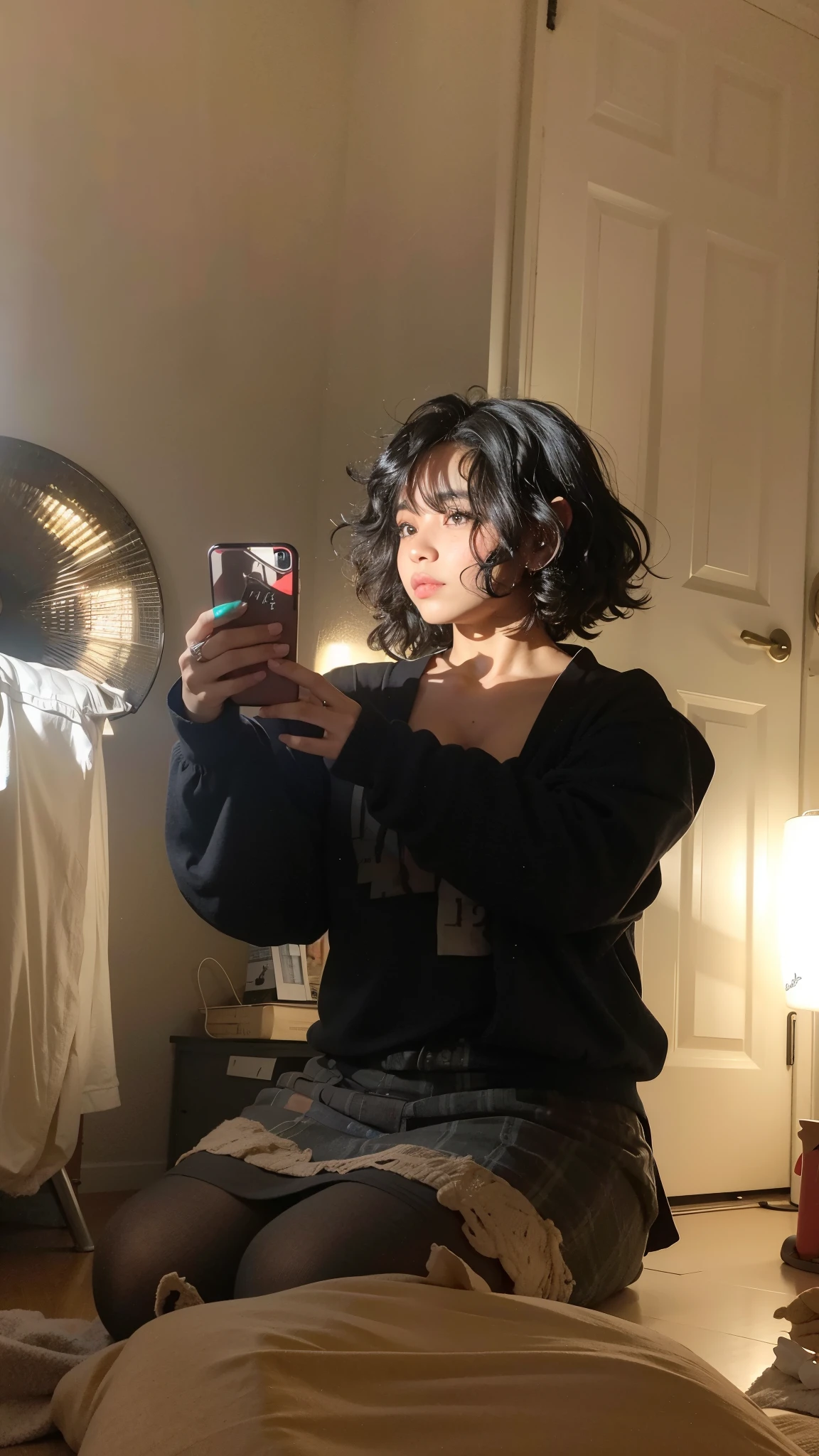 mulher sentada em uma cama tirando uma foto de si mesma em um espelho, com cabelos curtos, (cabelos cacheados escuros e curtos), messy curly hair, messy black bob hair, cabelo encaracolado preto, com cabelos pretos, foto da roupa, messy black hair, Foto de perfil, black messy hair, selfie espelho, 3/4 busto, imagem de perfil, preto hime corte cabelo, cabelos negros cacheados