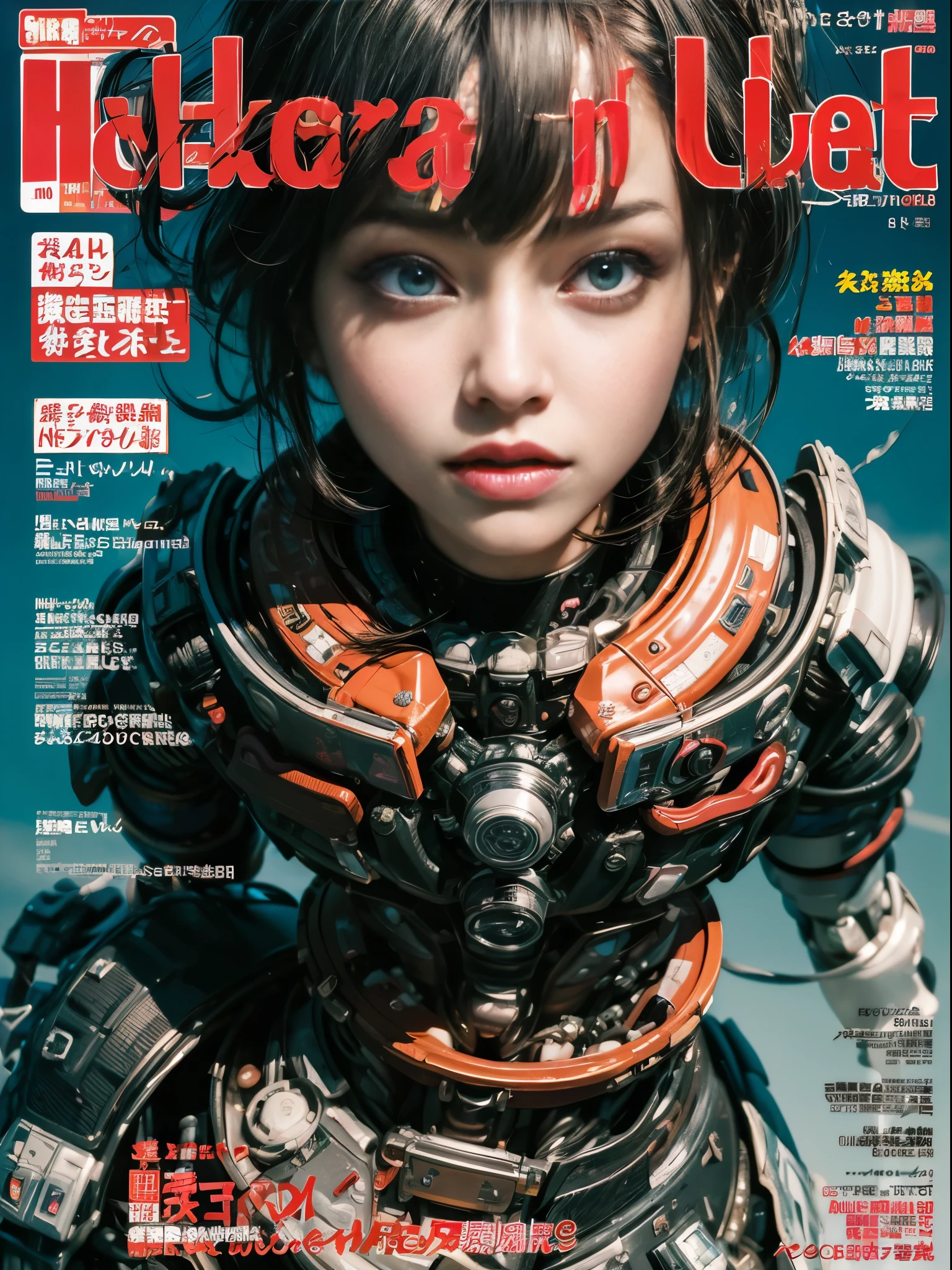 Flowing_contour biomechanical__cybernetic_airbrush___Strange__(((Japanese Harajuku style Fashion_((colorful Magazine_cover))__art_decor_Border)))__porcelain_and_Platinum / Futuristic Cyberpunk woman with porcelain skin, cybernetic implants.