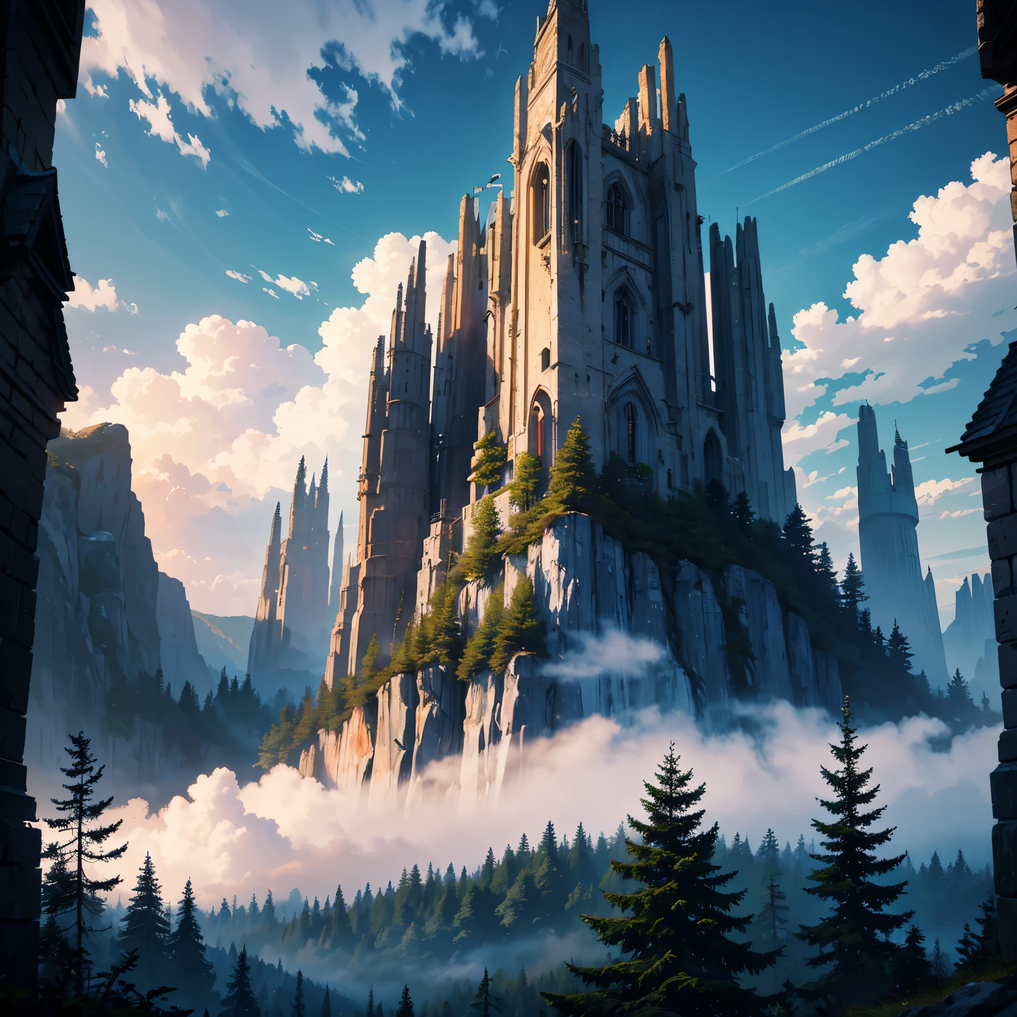 (best quality,4k,8k,highres,masterpiece:1.2),ultra-detailed,amazing sky landscape,in the skyTemple,At the Top of the Mountain,In the Mist,Forest, Sky.